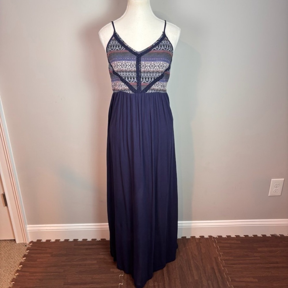 Doe & Rae Womens Blue Embroidered Boho Lined Maxi Dress sz Med Sleeveless Party